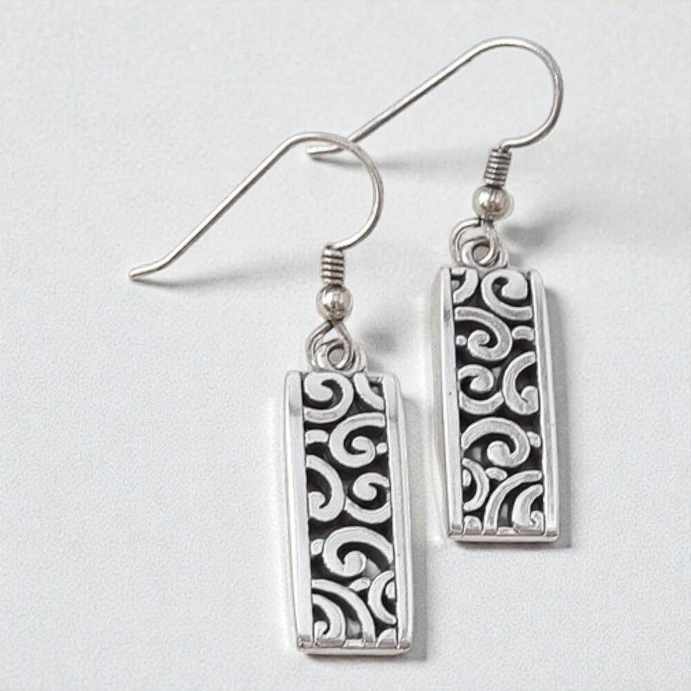 Brighton Deco Lace French Wire Earrings Silver Plated Art Deco Scroll Rectangle - Picture 3 of 4